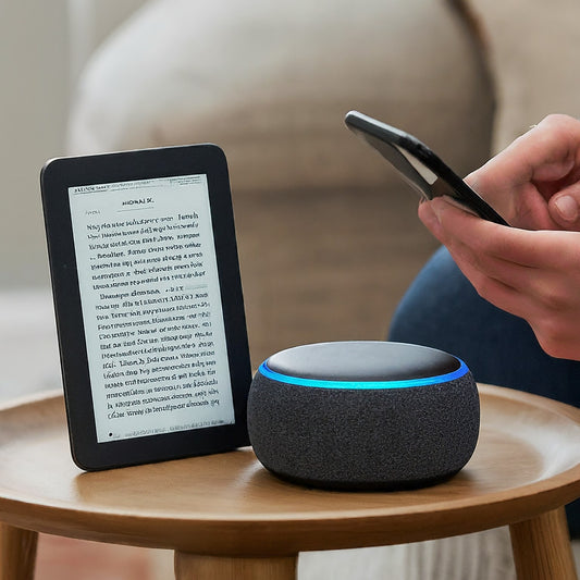 AI Created Display Image | A stylish arrangement of popular Amazon tech items: Echo Dot smart speaker, Kindle Paperwhite e-reader, and a smartphone