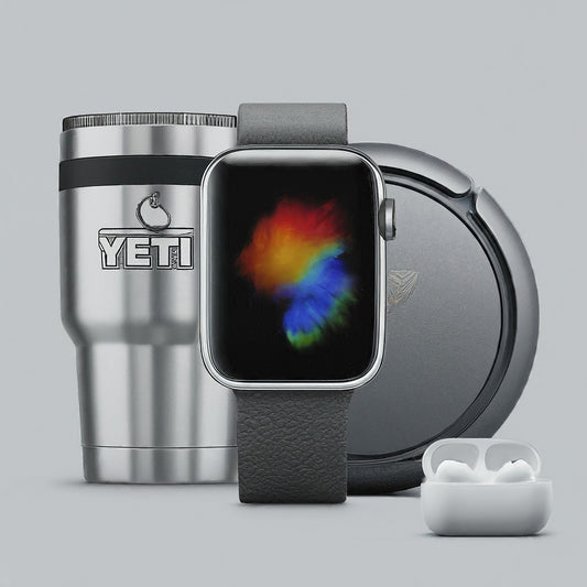 AI generated image. Yeti mug, apple watch, airpods pro, robot vacuum