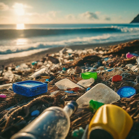  A close-up photo of a polluted beach overflowing with plastic debris, including weathered bottles, tangled fishing nets, and broken toys. The image highlights the impact of plastic pollution on the environment.