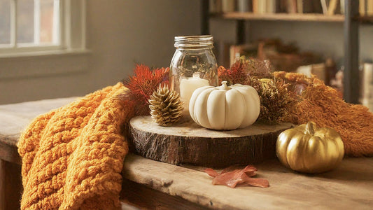 Rustic wooden table with a chunky knit throw, fall leaves, a pumpkin, pinecones, and a Mason jar luminary, hinting at a cozy living room in the background.
