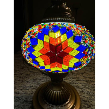 Moroccan mosaic lamp, warm amber glow
