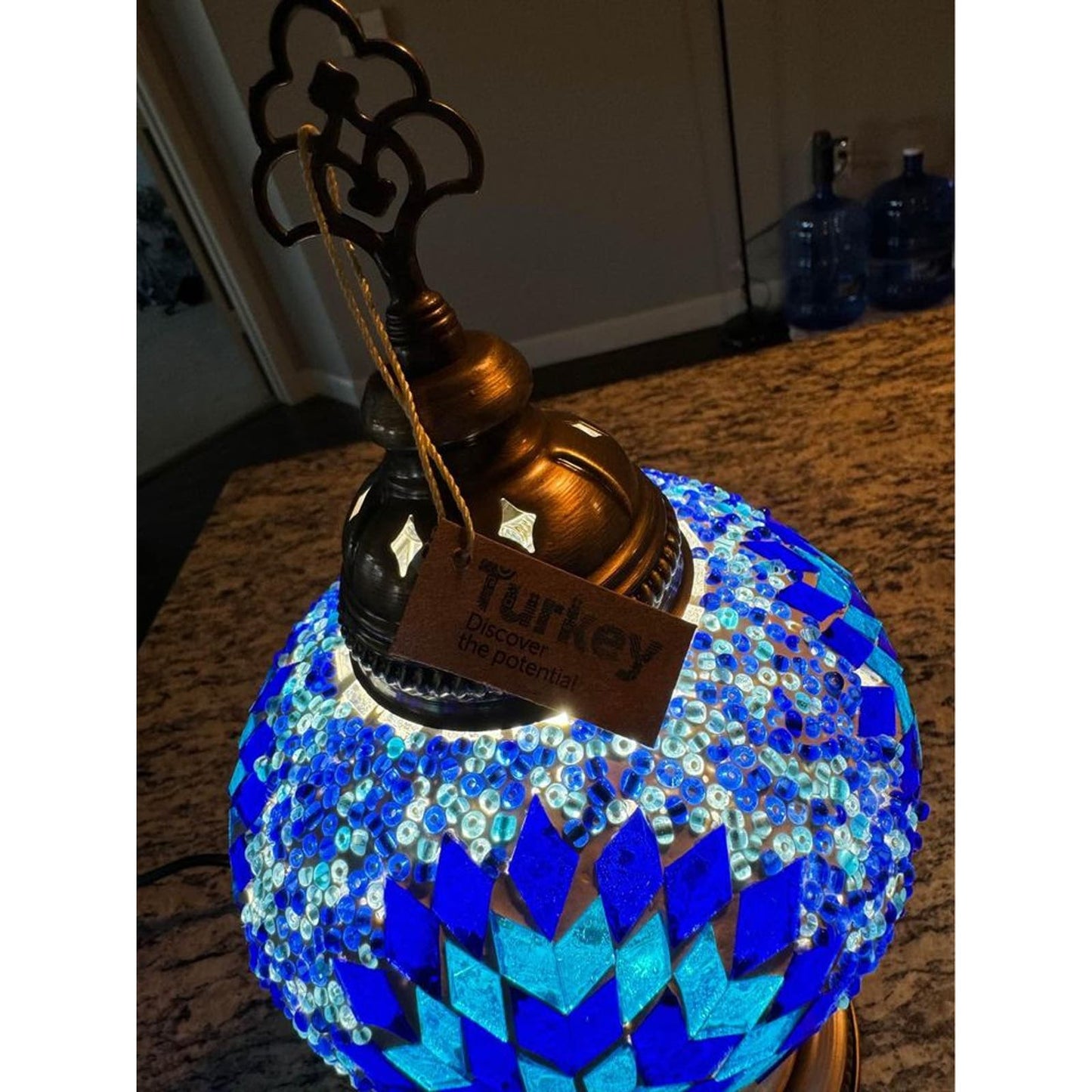 Handmade mosaic lamp, blue and turquoise glass