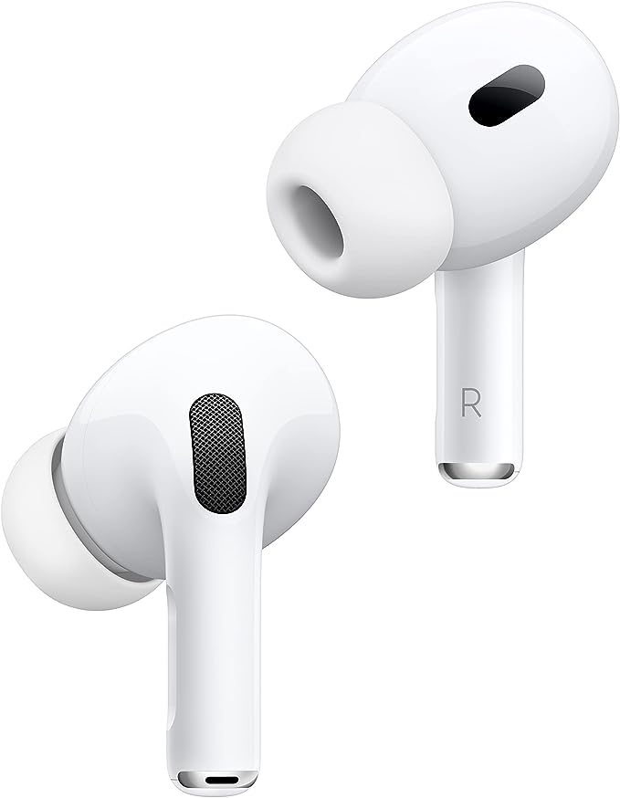 Close-up of an Apple AirPod Pro (2nd Generation), showing the ear tip, touch-control stem, and speaker mesh demonstrating how Spatial Audio works with the AirPods Pro (2nd Generation)