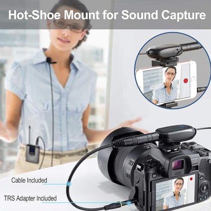 Alvoxcon Wireless Headset and Lavalier Microphone System connected to a DSLR camera, showcasing its versatility