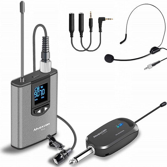Close-up of the Alvoxcon wireless headset microphone and lavalier microphone.