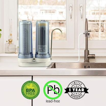 APEX EXPRT MR-2050 Countertop Water Filter attached to a kitchen faucet, with water flowing.