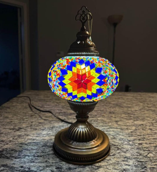 Turkish mosaic lamp, stained glass, intricate patterns