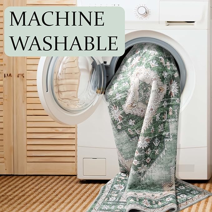 Green boho rug being washed in a washing machine