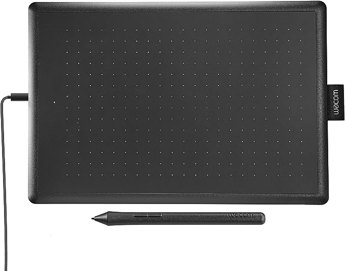 Close-up of the One by Wacom Medium Drawing Tablet and ergonomic pen, highlighting the pen's buttons and pressure sensitivity