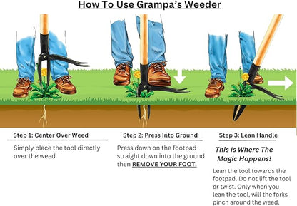 Person smiling while using Grampa's Weeder to remove weeds in a garden.