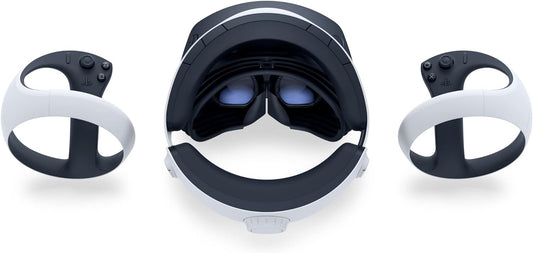 Close-up of the PlayStation VR2 headset, highlighting the lenses, adjustable headband, and sleek design.