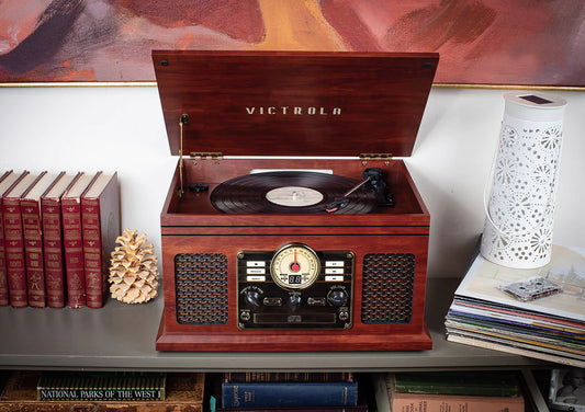 Victrola 6-in-1 Nostalgic Record Player with lid open, showing turntable and controls