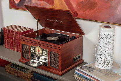 Side view of Victrola 6-in-1 Record Player, showcasing vintage design details