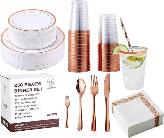 Complete 250-piece rose gold disposable dinnerware set for 25 guests, including plates, cups, silverware, and napkins